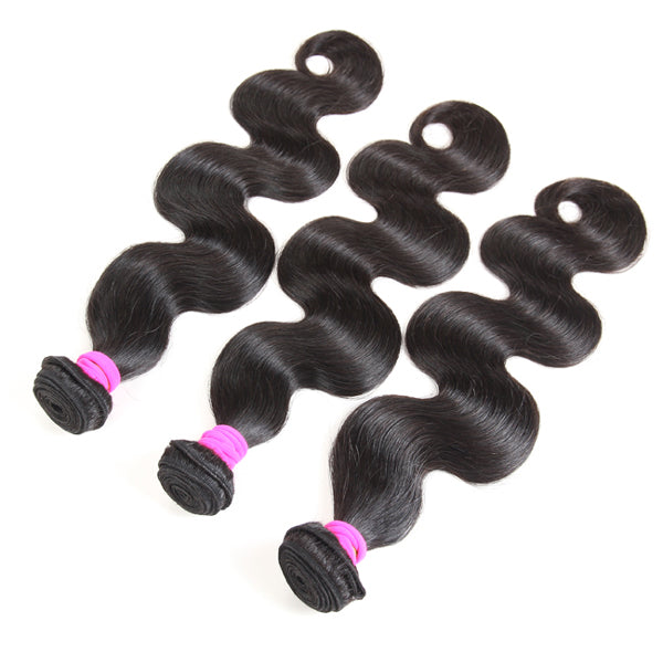 Three Luvme virgin human hair bundles with body wave, water wave, deep wave, yaki straight, and silky straight textures.