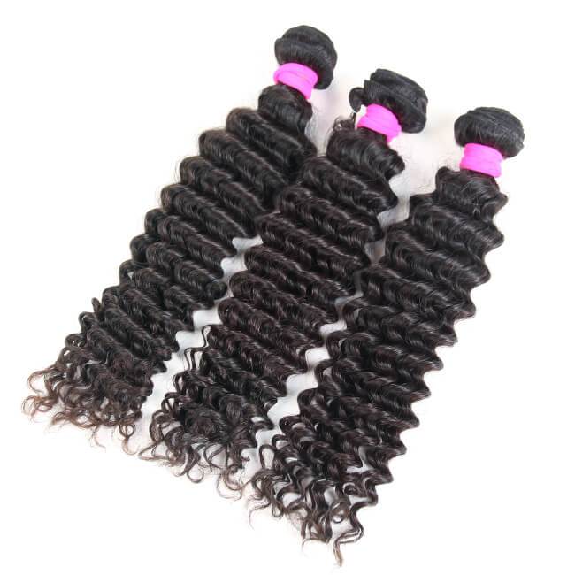 Three bundles of Luvme 100% virgin human hair in body wave, water wave, deep wave, Yaki straight, and silky straight textures.