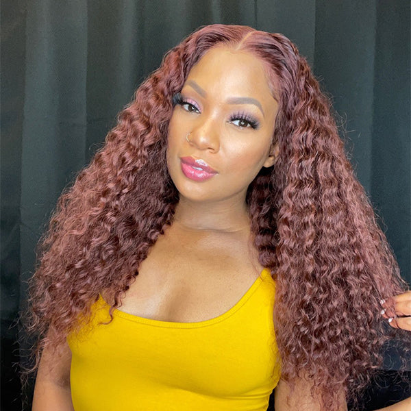 Cinnamon Brown Color Deep Wave Extented 4x4 Closure Lace Wig-03
