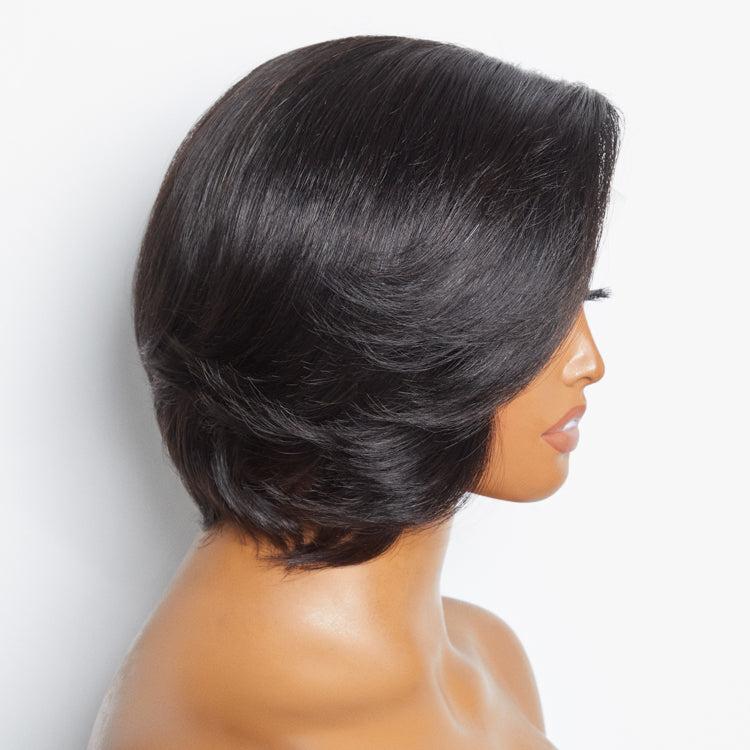 Luvme Hair minimal lace wig featuring a mature pixie cut with swept bangs, glueless design, and natural HD lace finish.