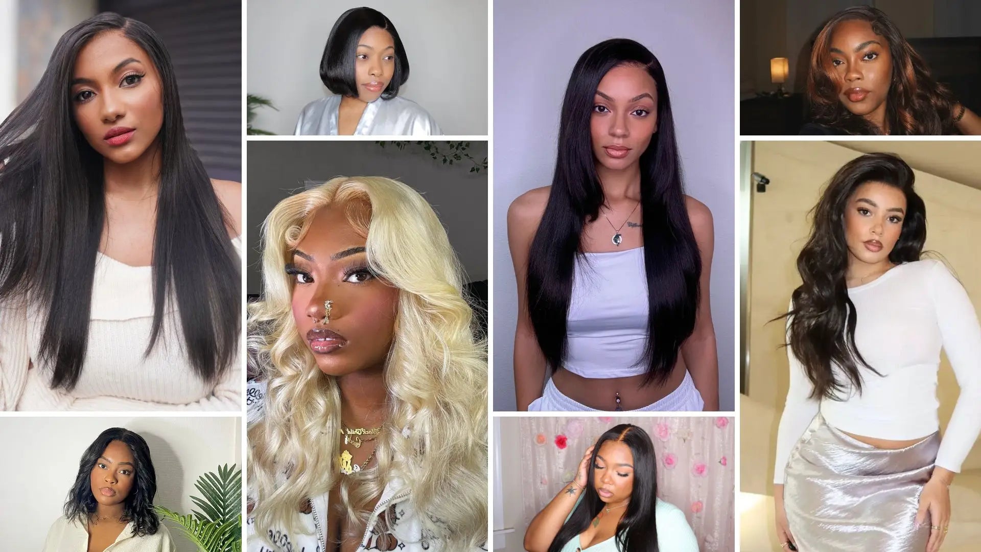 A collage of Luvme Hair glueless wig styles, showcasing women wearing different glueless wigs and displaying their beauty.