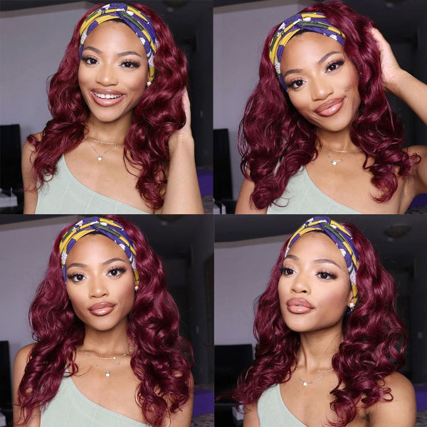 Luvme Put On & Go Sugar Plum dark root headband wig with 100% human hair and natural black roots, styled for easy wear.