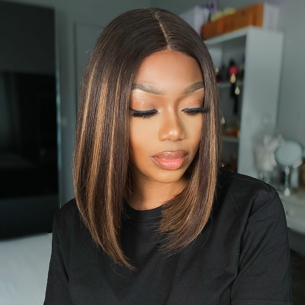Luvme mix color highlight bob wig with extended 4x4 lace closure, glueless design, showcasing vibrant color and layered style.