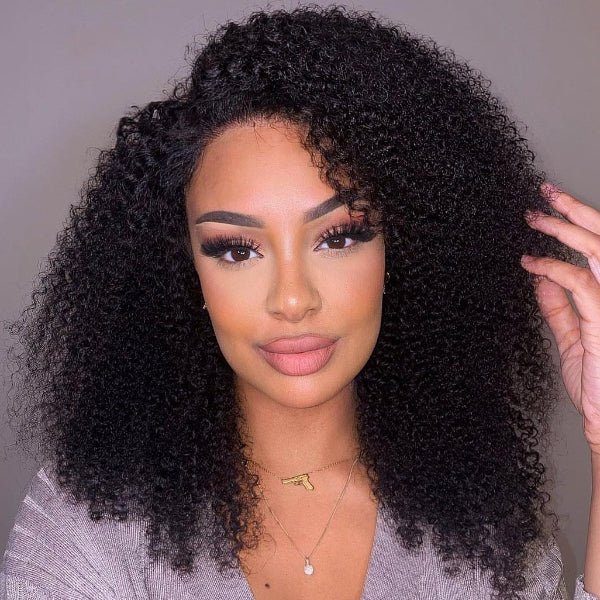 Luvme Afro Curly 13x4 Frontal Lace Wig with HD lace, glueless, undetectable, and invisible lace for natural-looking hair.