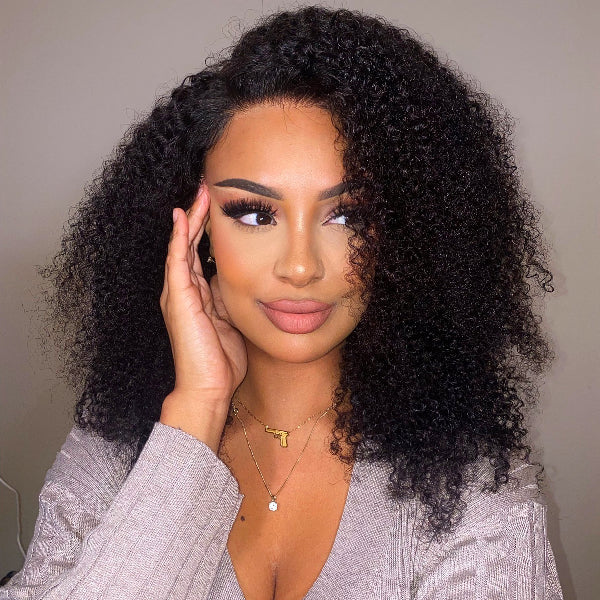 Luvme Afro curly 13x4 frontal lace wig with invisible HD lace, glueless, undetectable, natural-looking kinked hair style.