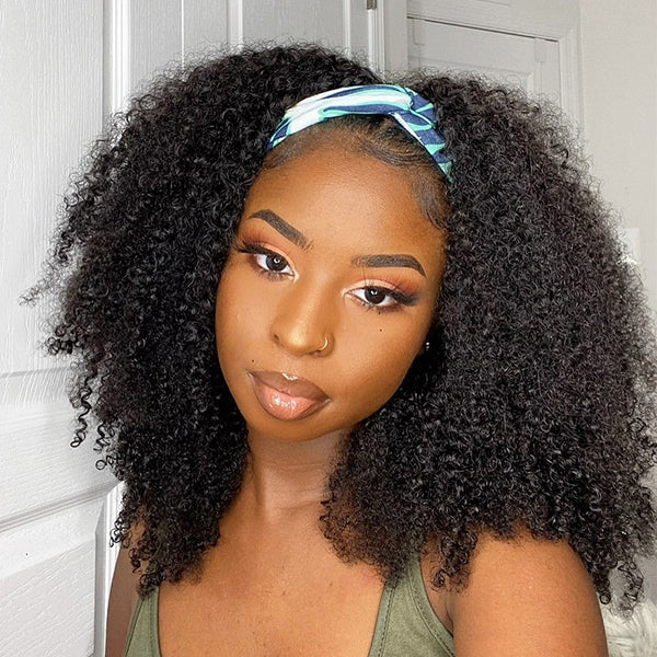 Exclusive Discount | Natural Black Jerry Curly No Lace Glueless Free Part Long Headband Wig 100% Human Hair (Get Free Trendy Headbands)-01