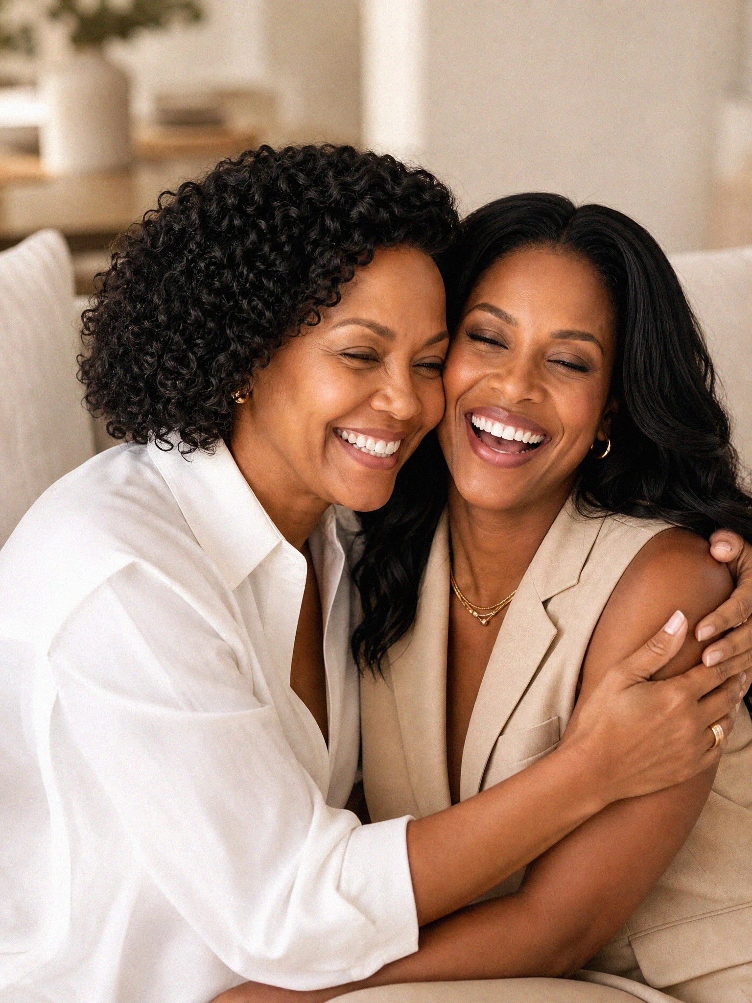 Two friends smiling and embracing