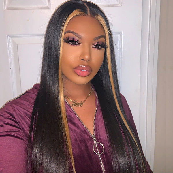 Luvme mix color highlight middle part lace closure wig in various shades, showing natural hair texture and lace front detail.