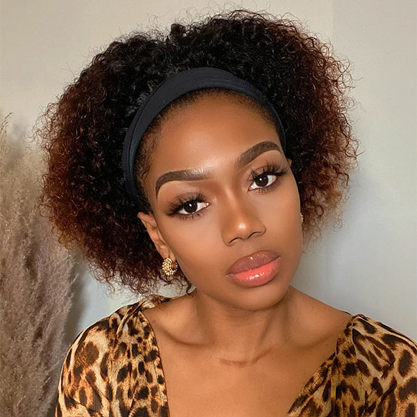 Throw On & Go Black To Brown Ombre Jerry Curly Glueless Short Headband Wig 100% Human Hair(Get Free Trendy Headbands)-01