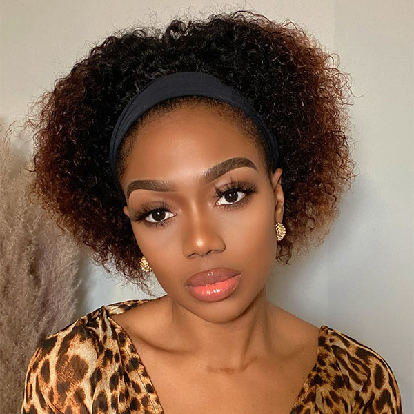 Throw On & Go Black To Brown Ombre Jerry Curly Glueless Short Headband Wig 100% Human Hair(Get Free Trendy Headbands)-02
