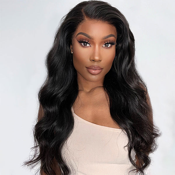 Free-return | Natural Black Body Wave 13x4 Frontal HD Lace Glueless Side Part Long Wig 100% Human Hair-01