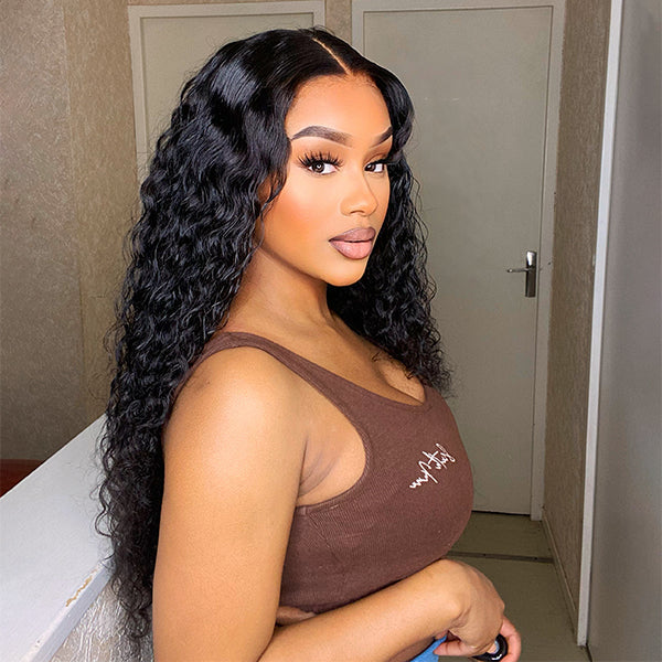 Luvme 13x4 frontal wig with water wave style, long human hair and HD lace free part, natural-looking hair at the front.