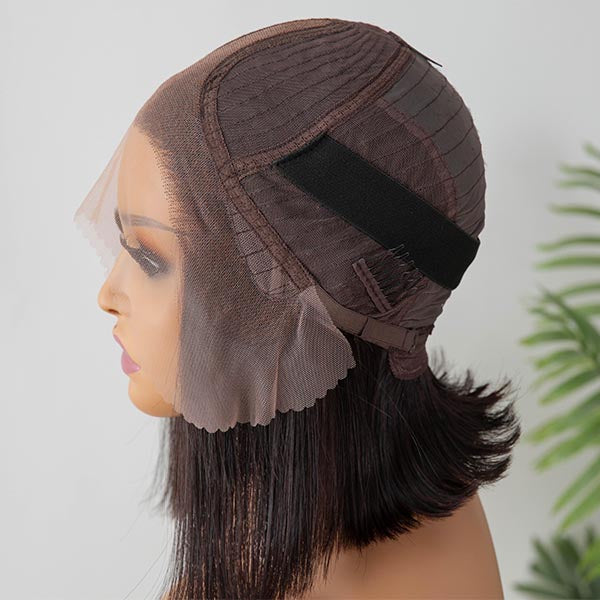 Luvme pre-bleached glueless middle part wide T lace bob wig made of 100% human hair, minimalistic style, easy daily wear.