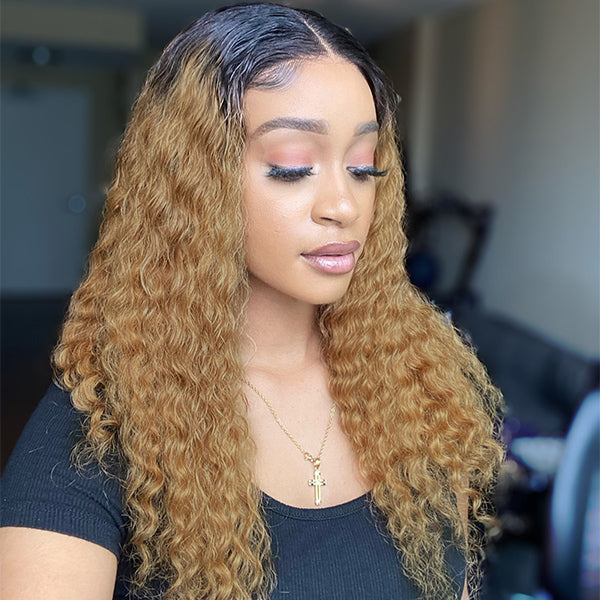 Ombre Brown Color Deep Wave Extented 4x4 Closure Lace Wig-02