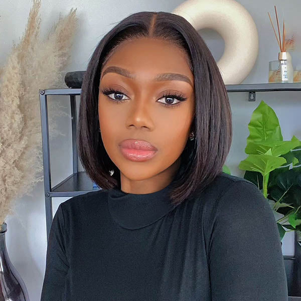 Luvme pre-bleached glueless middle part wide T lace bob wig made of 100% human hair, showcasing natural hair texture and lace construction.