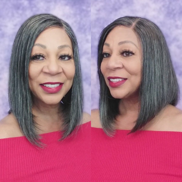 Luvme Salt & Pepper 4x4 closure bob wig with natural waves, showcasing the close-up of the black and gray color blend and textured hair.