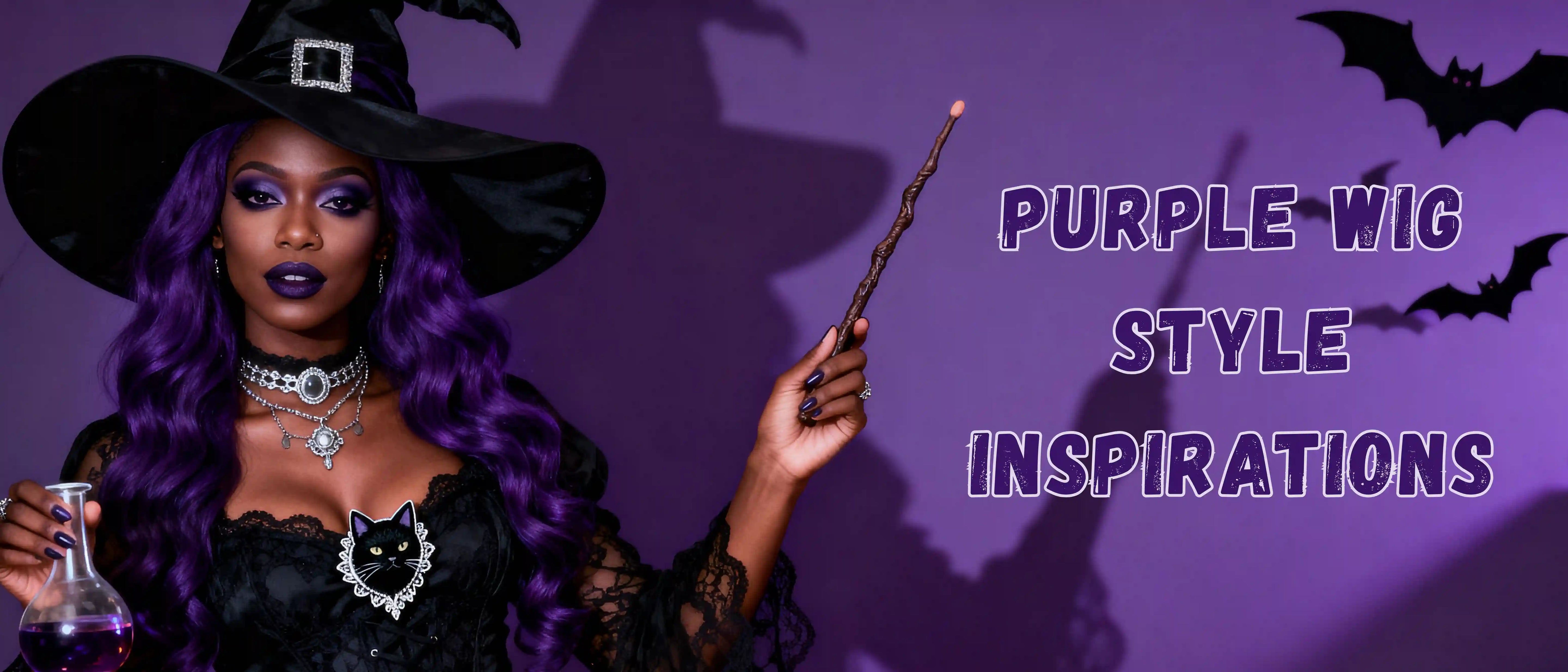 Halloween KV of purple wig collection, featuring a woman wearing a light purple wig and the text "Purple style Halloween."
