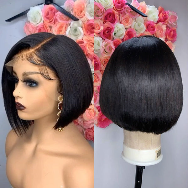 Luvme 13x4 frontal lace wig with a short side-parted bob cut, no baby hairs, showcasing natural-looking lace and sleek style.