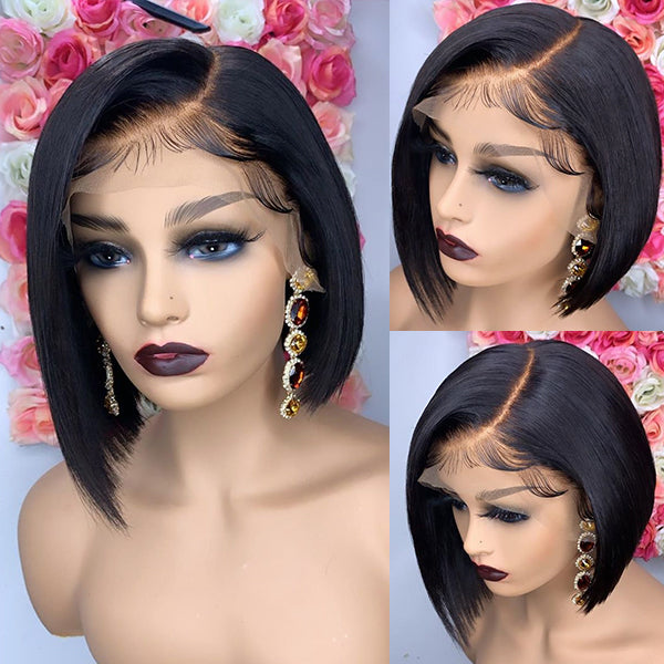 Luvme 13x4 frontal lace wig with short side part bob style, no baby hairs, showcasing sleek, natural-looking hair.