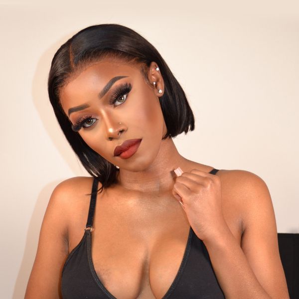Luvme 13x4 frontal lace wig with short side part, no baby hairs, showcasing smooth, natural-looking hair and lace frontal detail.