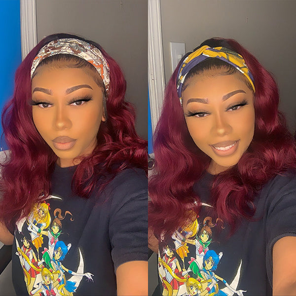 Luvme Put On & Go Glueless Sugar Plum Dark Root Headband Wig made of 100% human hair, styled with a vibrant sugar plum color and dark roots.