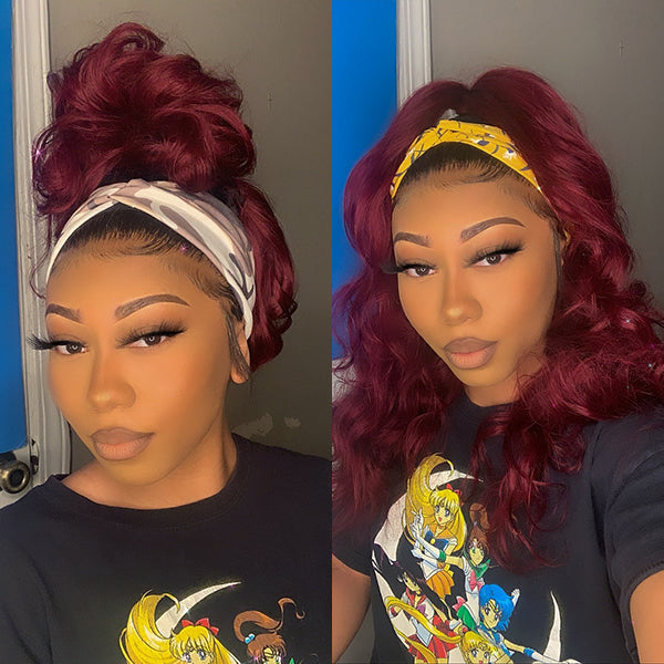 Luvme Put On & Go Glueless Sugar Plum Dark Root Headband Wig made of 100% human hair, featuring a stylish headband design.