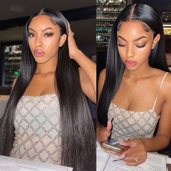 Luvme 13x4 frontal wig with 180% density, silky straight 100% human hair, HD lace, glueless long wig, natural hairline.