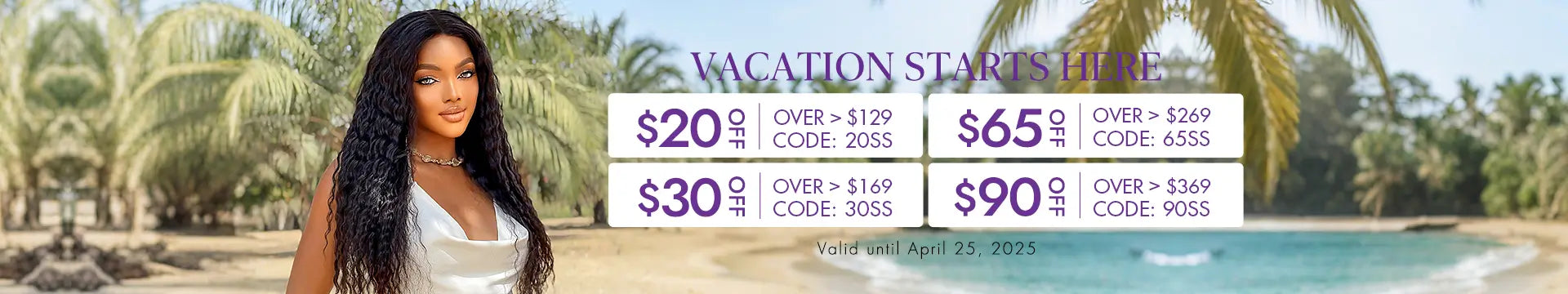 A woman with a wig is positioned on the left, showcasing vacation discount codes in the center. The background features a vibrant beach scene, complete with trees and a clear blue sky, creating a relaxing holiday atmosphere.