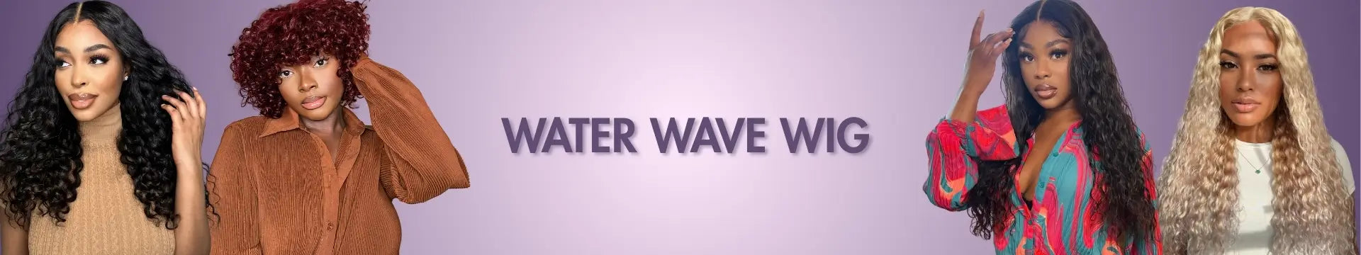 there are two women in each side wearing different water wave wigs and in the middle is text 'water wave wig'