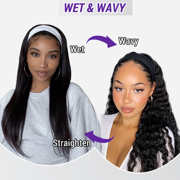 Wet And Wavy | Throw On & Go Water Wave Glueless Long Headband Wig 100% Human Hair (Get Free Trendy Headbands)