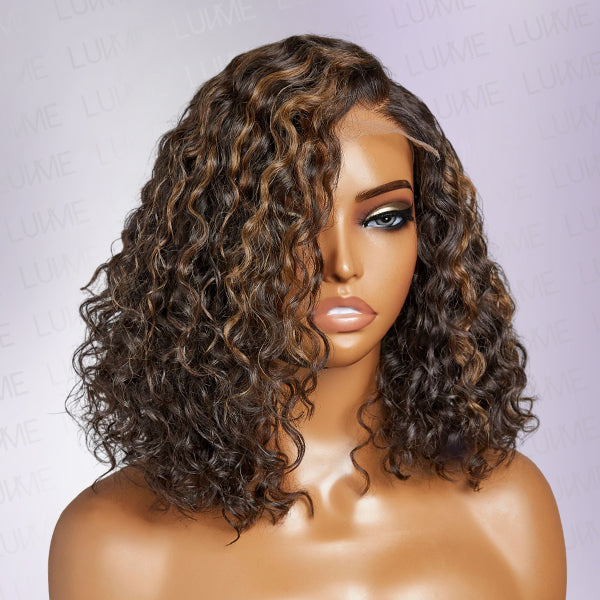 Flash Sale | Casual Blonde Highlights Curly Minimalist HD Lace Glueless C Part Short Wig 100% Human Hair
