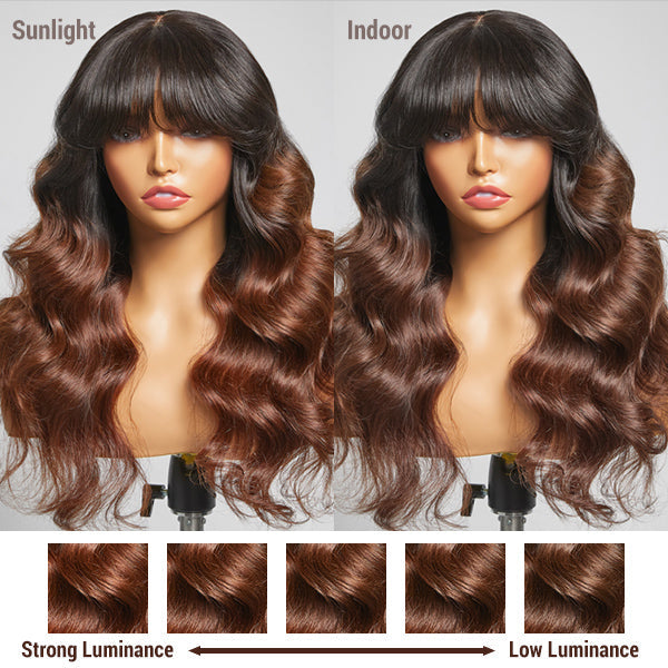 Limited Design | Letitia Chestnut Brown Ombre Loose Body Wave With Blunt Bangs 4x4 Closure Lace Glueless Wig 100% Human Hair