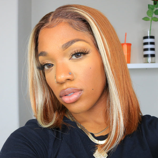 Luvmehair 613 Highlight Amber Silky Straight Minimalist Lace Glueless Mid Part Bob Wig 100% Human Hair