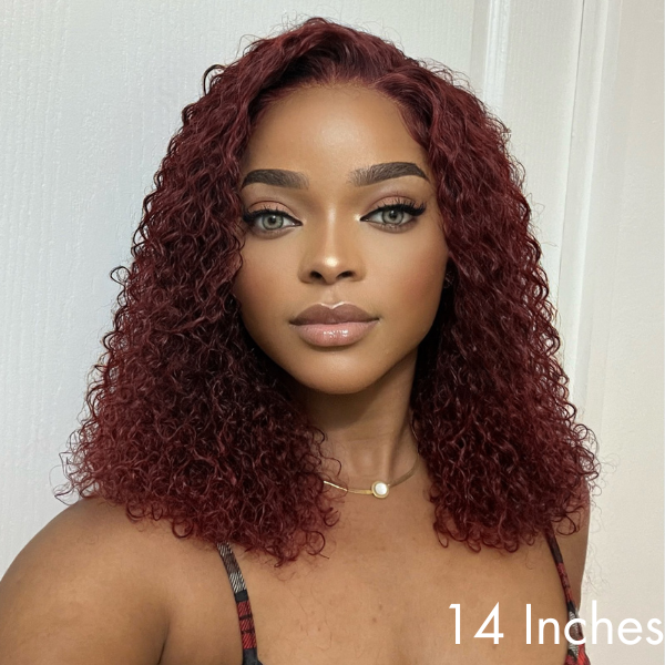 Dark Burgundy Kinky Curly 5x5 Closure Lace Glueless Mid Part Long Wig 100% Human Hair