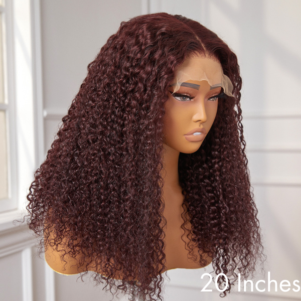 Dark Burgundy or Brown Kinky Curly 5x5 Closure Lace Glueless Mid Part Long Wig 100% Human Hair