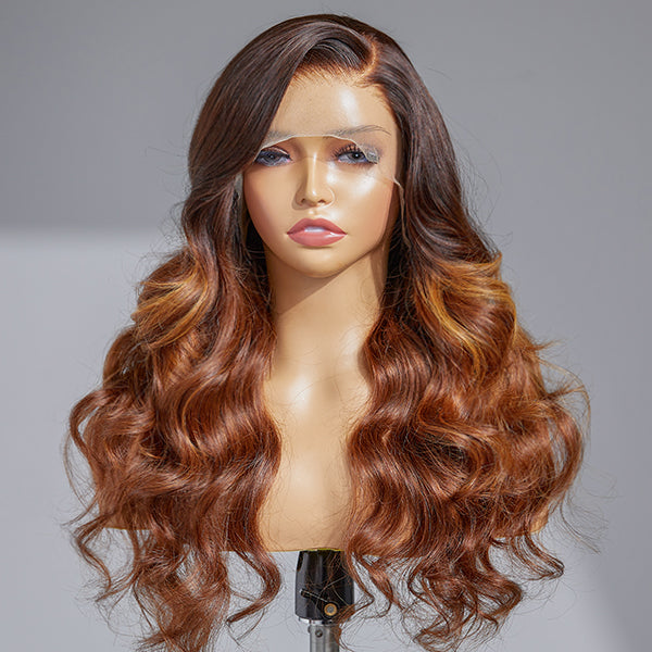 Limited Design | Amanda Honey Brown Highlight Glueless 13x4 Frontal Lace Side Part Long Wig 100% Human Hair