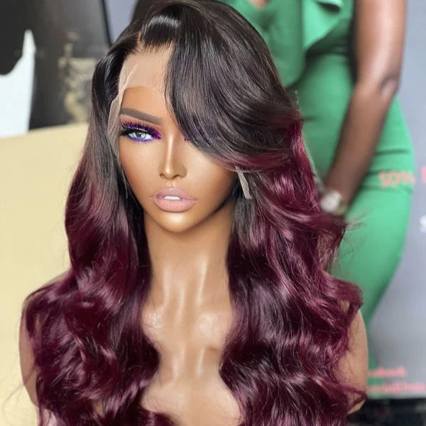 Limited Design | Alyssa Cabernet Ombre 13x4 Frontal Lace Right Side Part Long Wig 100% Human Hair