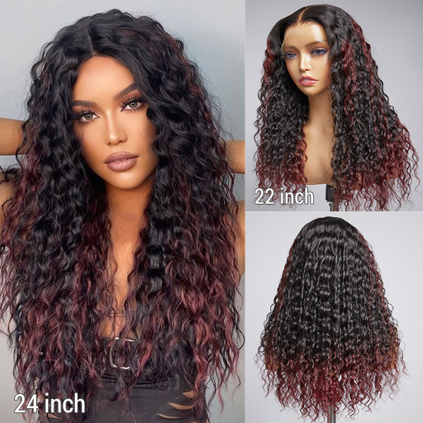 Limited Design | Burgundy Tails Highlight Deep Wave Glueless 13x4 Frontal HD Lace Long Wig 100% human hair
