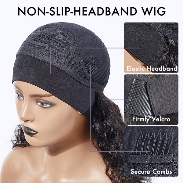 Put On & Go Glueless Kinky Straight Headband Long Wig 100% Human Hair (Get Free Trendy Headbands)