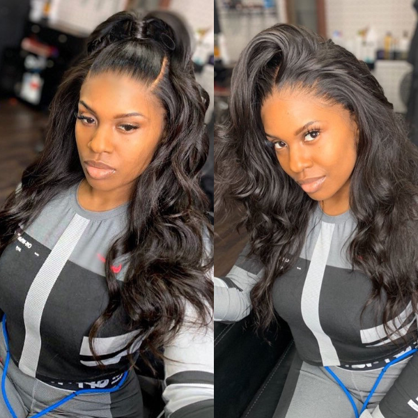 Full Lace Cap Classy Natural Black Body Wave Free Parting Long Wig 100% Human Hair