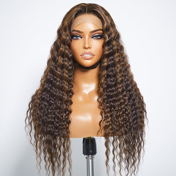 【20 inches = $179.9】Boho-Chic | Chestnut Brown Highlights Bohemian Curly 5×5 Closure Lace Glueless Mid Part Long Wig 100% Human Hair