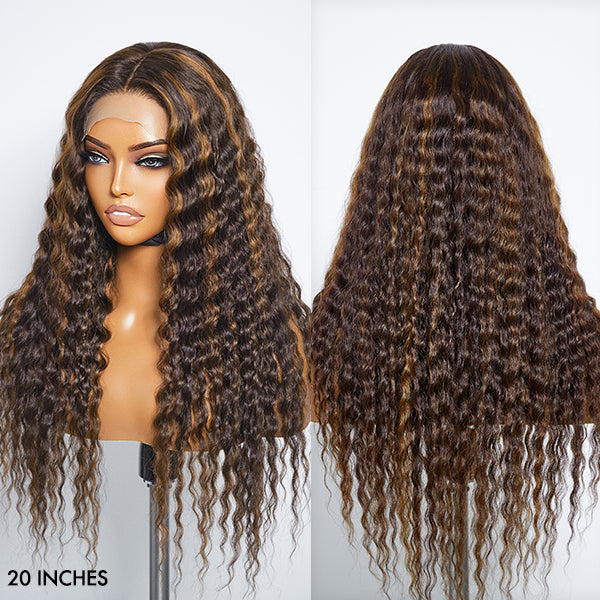 【20 inches = $179.9】Boho-Chic | Chestnut Brown Highlights Bohemian Curly 5×5 Closure Lace Glueless Mid Part Long Wig 100% Human Hair