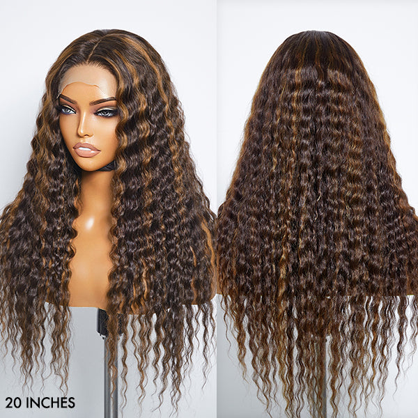 Points Rewards | Boho-Chic | Chestnut Brown Highlights Bohemian Curly 5×5 Closure Lace Glueless Mid Part Long Wig 100% Human Hair