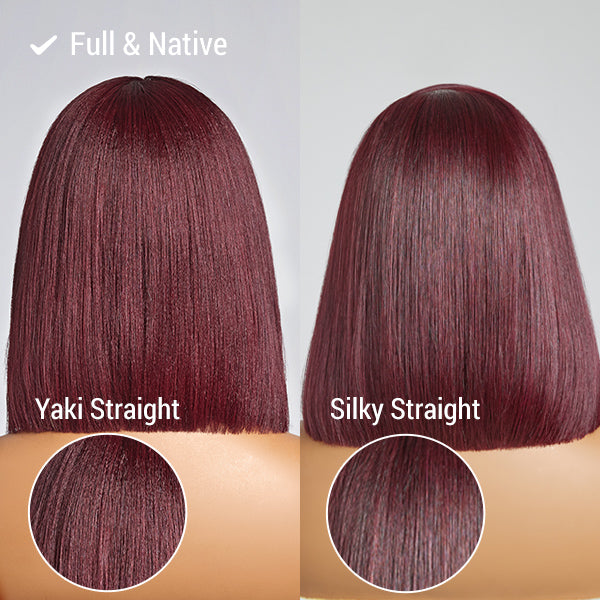 Put On And Go Reddish Purple / Brown Highlight / Natural Black Layered Cut Yaki Straight Minimalist Lace Bob Wig With Bangs