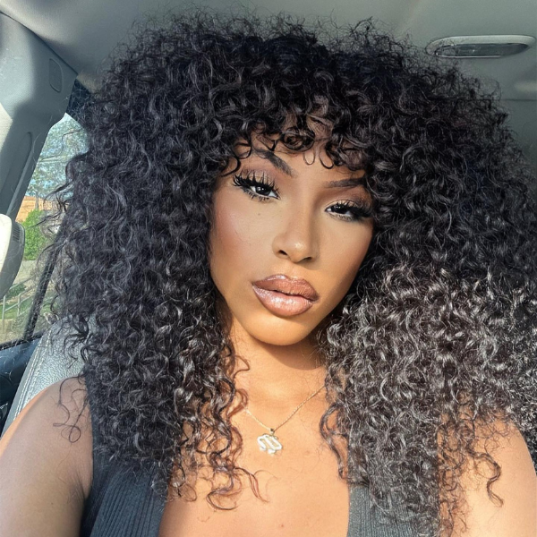 Bouncy Shaggy Curly Minimalist HD Lace Long Wig With Bangs 100% Human Hair