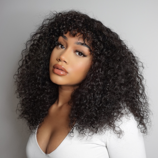 Bouncy Shaggy Curly Minimalist HD Lace Long Wig With Bangs 100% Human Hair