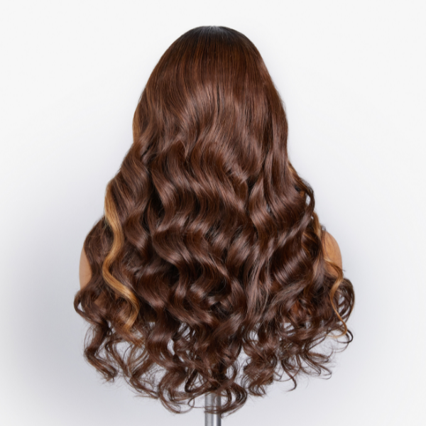 Curtain Bangs Chocolate Highlight Loose Wave Y-Shape Undetectable HD Lace Wig