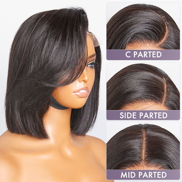 Beginner Friendly Straight Bob 5×5 Lace Glueless Left C Part Short 100% Human Hair Wig With Bangs