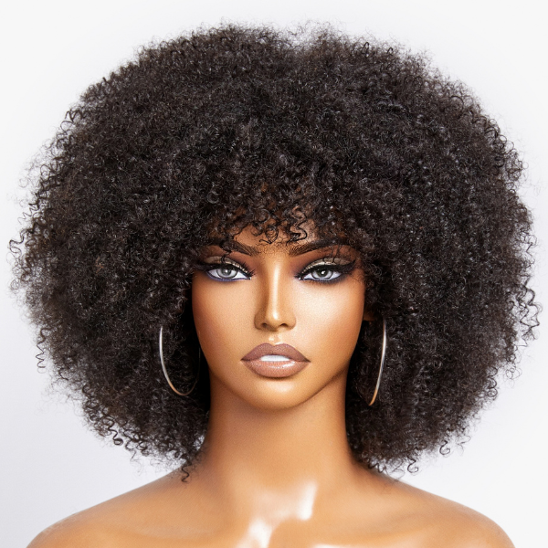 Throw On & Go Jerry Curly No Lace Glueless Short Wig with Bangs 100% Human Hair