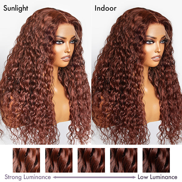 【24 inches = $249.9】Casual Reddish Brown Curly 5x5 Closure Lace Glueless Mid Part Long Wig 100% Human Hair